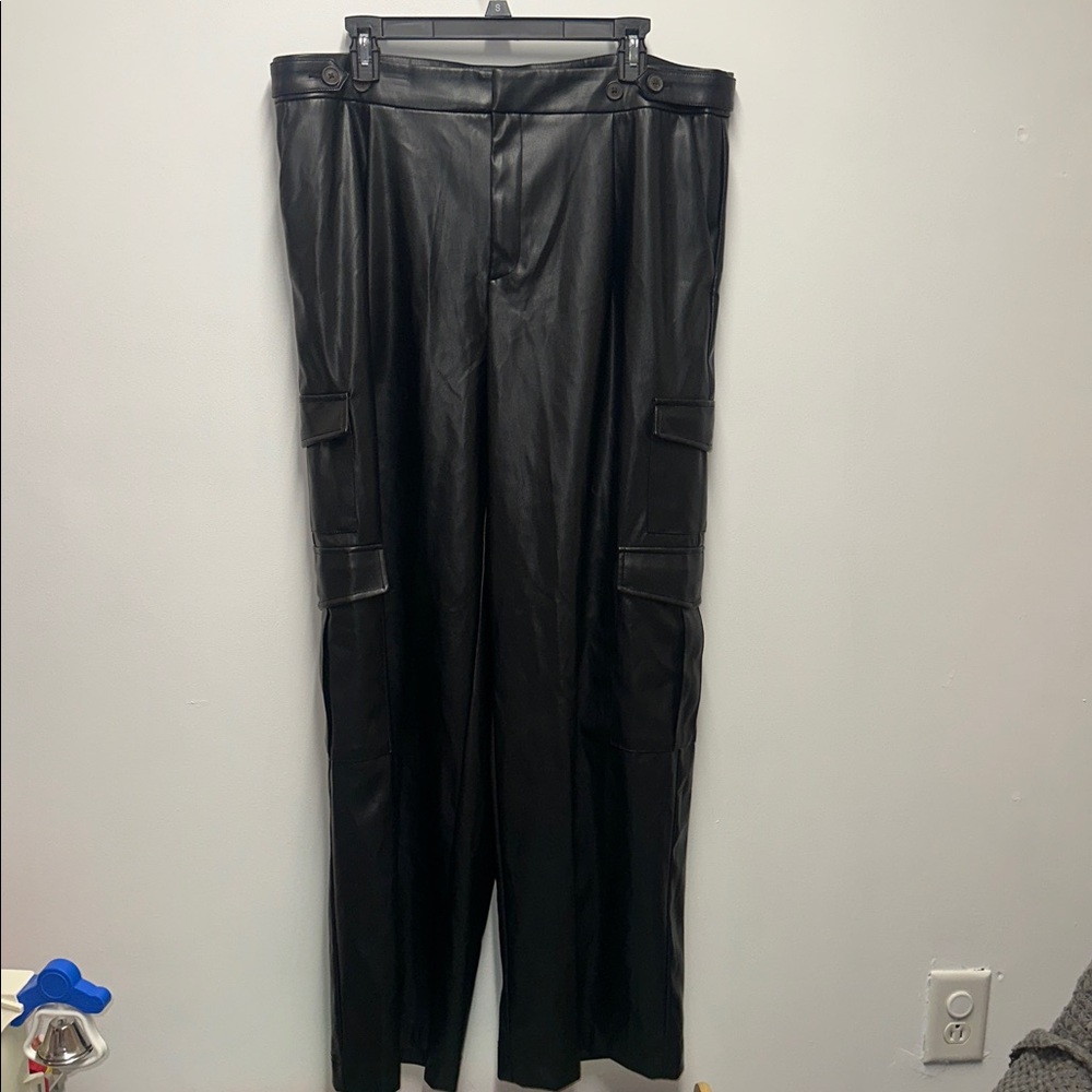 Black Faux Leather Cargo Pants